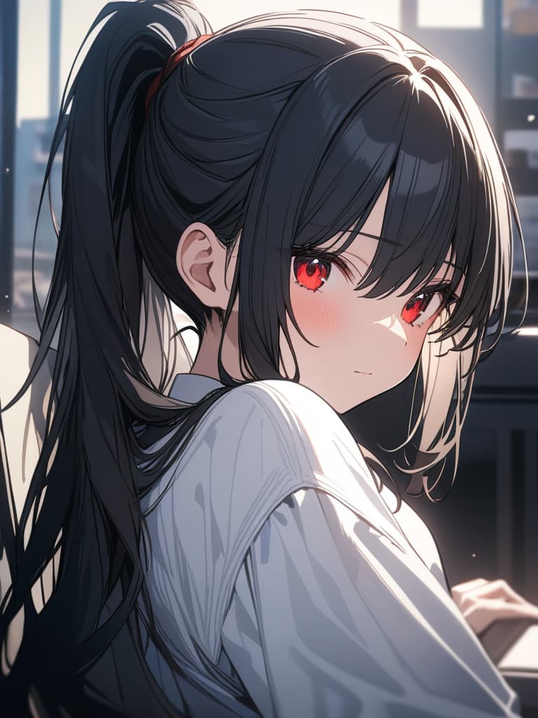  girl, long black hair, red eyes, ponytail, masterpiece, best quality,8k,ultra detailed,high resolution,an extremely delicate and beautiful,hyper detail