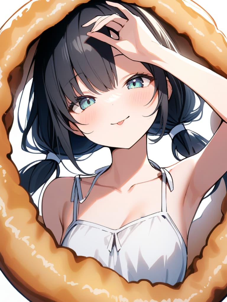  ultra detailed:1.2,masterpiece:1.2,best quality,masterpiece,bestquality,hdr:1.1,8k:1.1,very cute girl:1.3,(right hand up,holding middle size donut:1.4),(reaching right hand at viewer :1.4)((eye peeking through the middle size donut hole:1.8)),grin smile ,(close mouth:1.5),(tongue out:1.2),(frill sundress,ribbon strap:1.4),upper body:1.5,(face focus:1.4),(low twintail:1.5),(black hair:1.3),(white background color:1.4),ribbon choker:1.3,(head tilt:1.4),(looking at viewer:1.3)