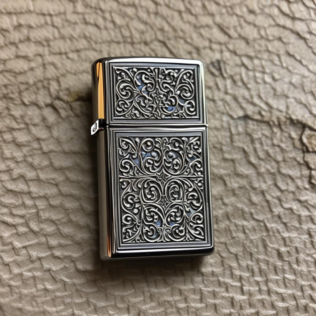  masterpiece, best quality,Draw a Zippo kerosene lighter metal shell decorated with mother-of-pearl craft and place the lighter on a table