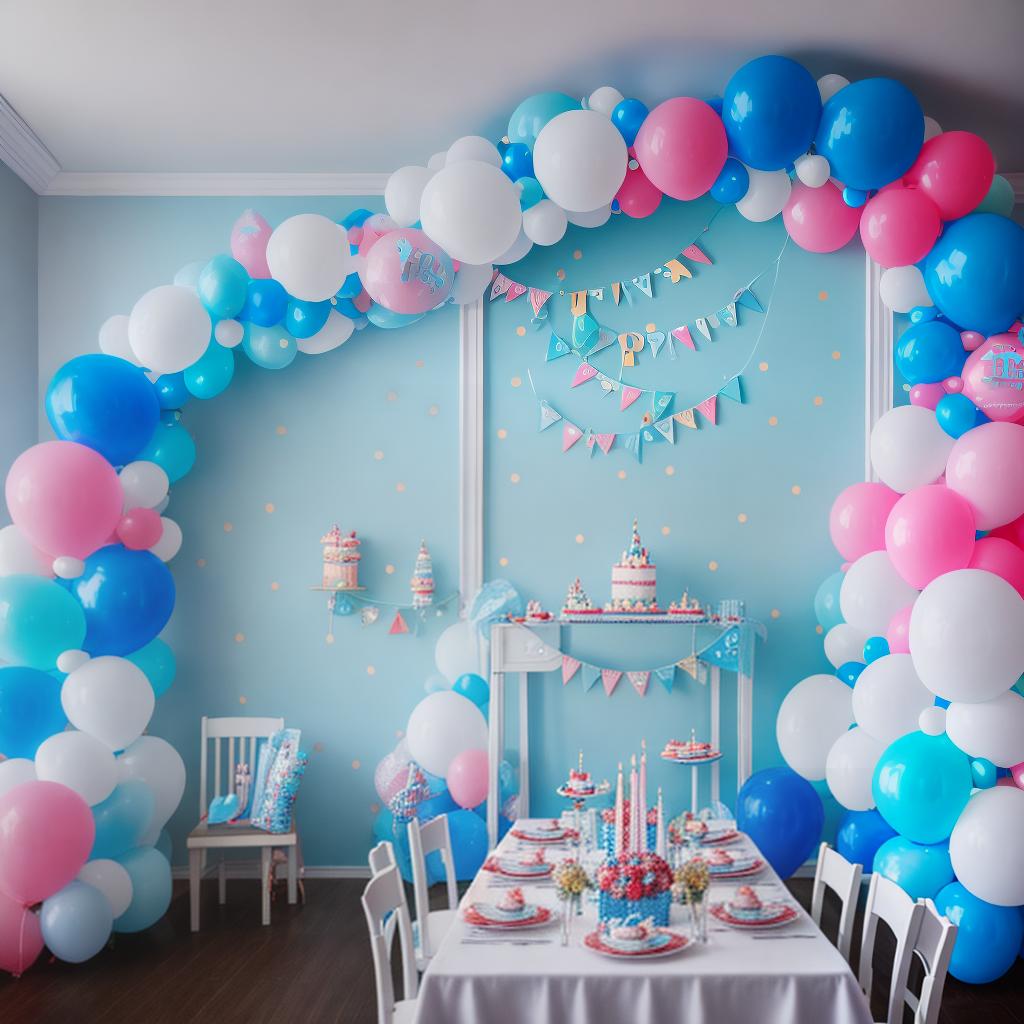  birthday party scene，light blue balloon and white balloon arch，at room,gifts on table,soft light, banner written 'Nasi's Birthday', hyper quality,photography,Fine Details,enjoyable--ar 2:3