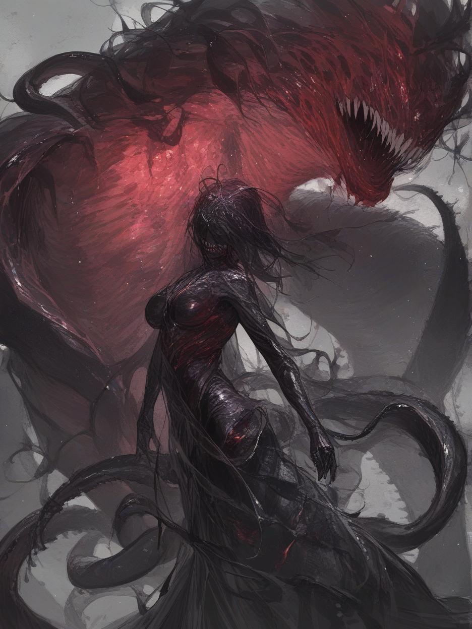  an anime photo of a sorceress wearing a mixture of matte black metal with armor of iridescent synthetic cloths. the woman transformed into a creature, merging with her armor, creating a terrifying smile, full of teeth, no eyes, with several red rune marks on her black body, tentacles on her back, and a monstrous body full of dangers. this creature is in a black forest with a rain and red thunder in the background, its face is all black and eyeless, looking like a wild creature, its body has grown and become very strong, it has taken on a giant appearance, like a dragon . best quality, high resolution