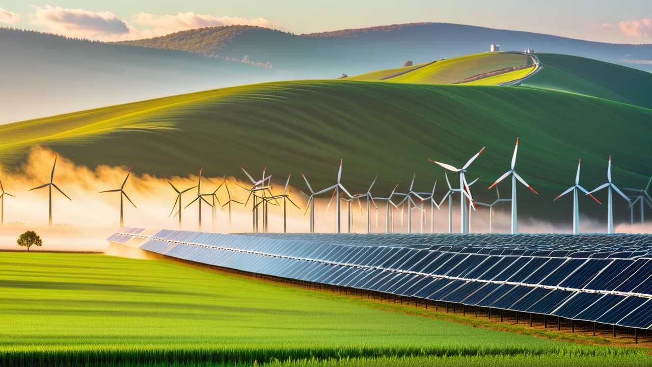  a vibrant landscape showcasing five renewable energy sources: wind turbines on rolling hills, solar panels in a sunlit field, a hydroelectric dam with flowing water, a geothermal plant with steam, and a biofuel farm with crops. hyperrealistic, full body, detailed clothing, highly detailed, cinematic lighting, stunningly beautiful, intricate, sharp focus, f/1. 8, 85mm, (centered image composition), (professionally color graded), ((bright soft diffused light)), volumetric fog, trending on instagram, trending on tumblr, HDR 4K, 8K