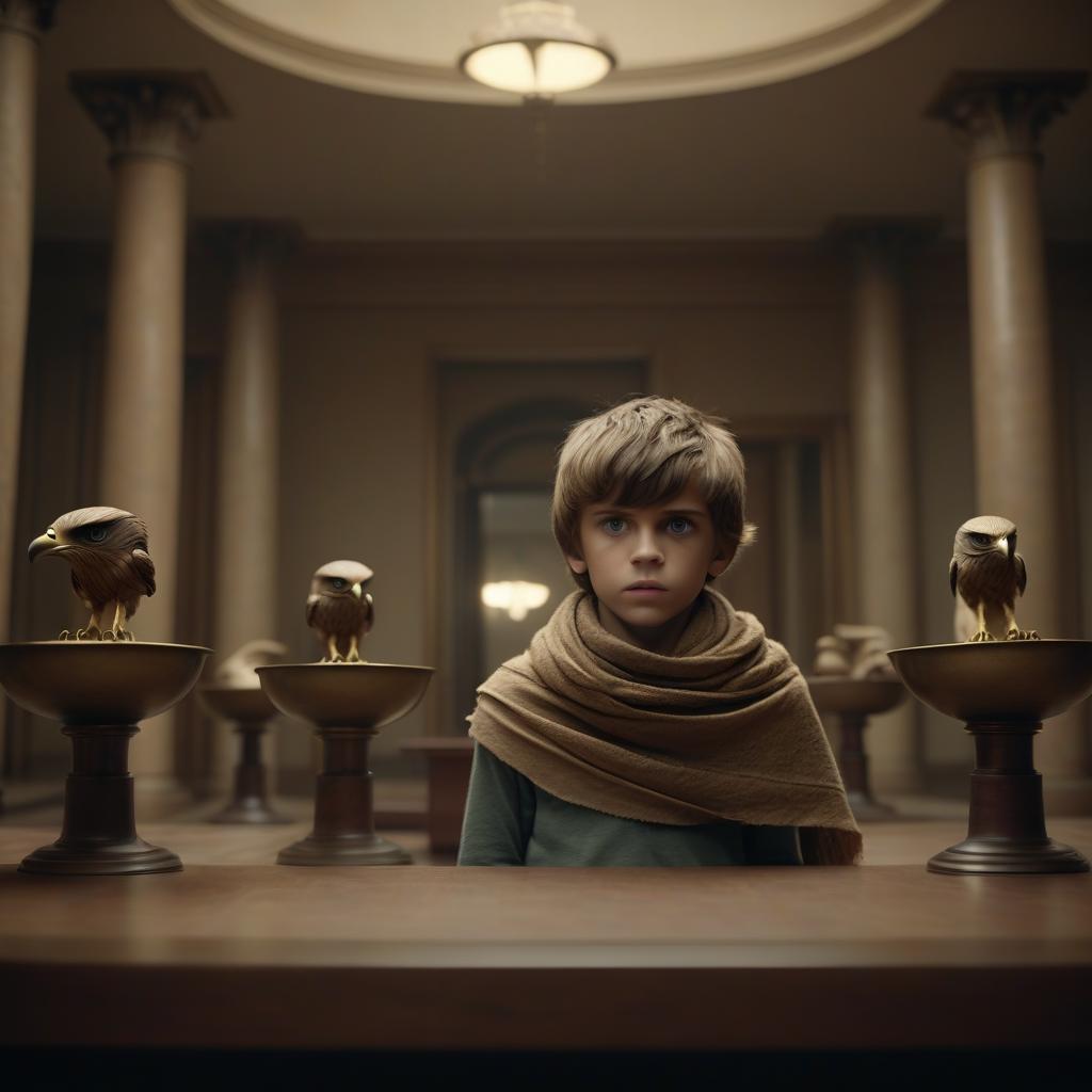  cinematic film still an anthropomorphic hawk boy holds a scarf over his head, looks directly in front of him, in front of him five pedestals with bowls on each, behind a chamber room in muted tones . shallow depth of field, vignette, highly detailed, high budget, bokeh, cinemascope, moody, epic, gorgeous, film grain, grainy