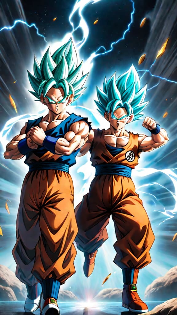  anime art: goten and trunks perform fusion dance, transforming into powerful gotenks to battle majin buu. hyperrealistic, full body, detailed clothing, highly detailed, cinematic lighting, stunningly beautiful, intricate, sharp focus, f/1. 8, 85mm, (centered image composition), (professionally color graded), ((bright soft diffused light)), volumetric fog, trending on instagram, trending on tumblr, HDR 4K, 8K