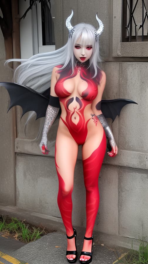  Full body red flame pattern body paint, Silver body paint on the whole body, Silver face paint on the face, succubus 女性