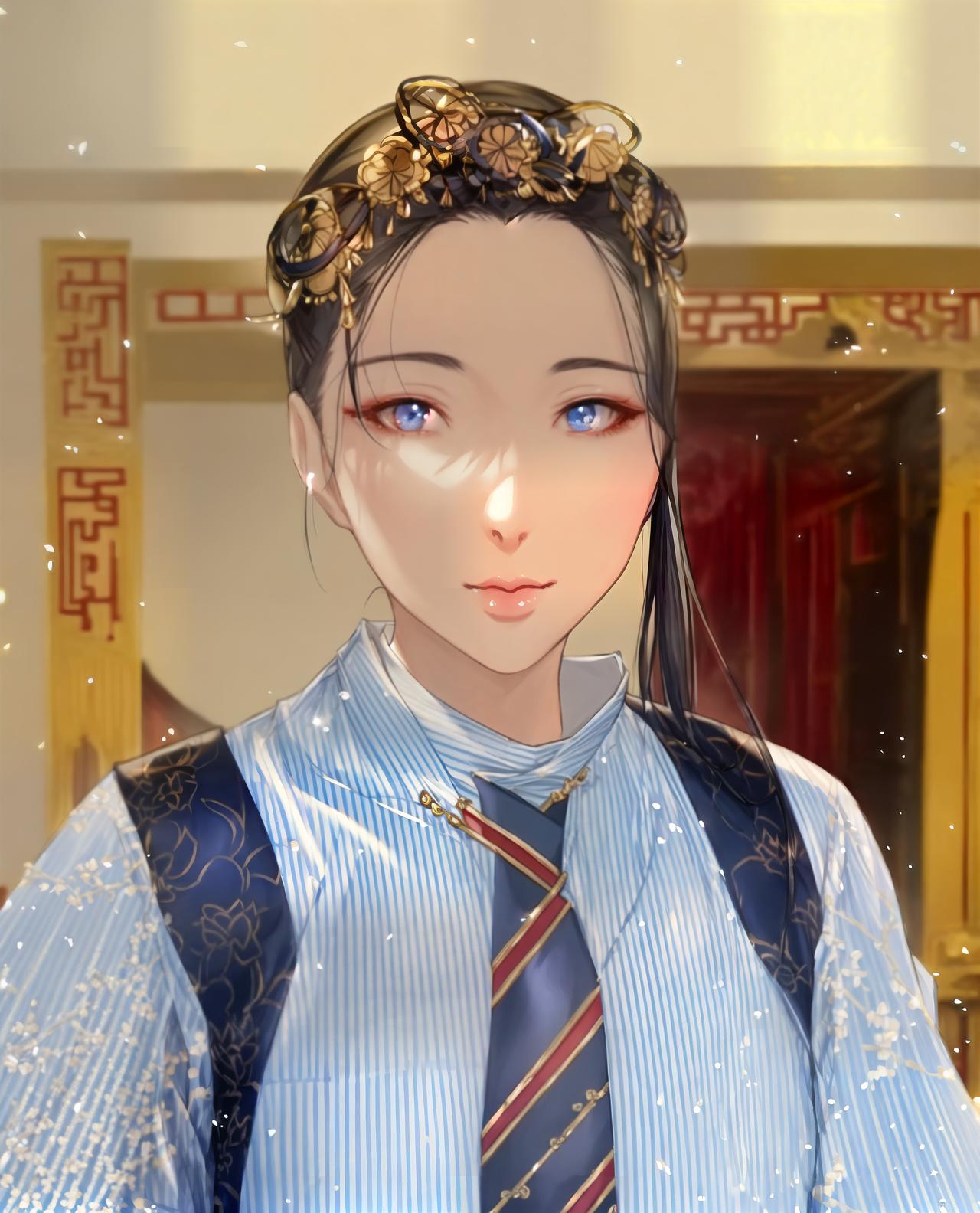  china like scenery, sauce, black hair, hair short, shiraki lotus, aristocratic, blue and black kimonos, blue eyes, one person, masterpiece, best quality,8k,ultra detailed,high resolution,an extremely delicate and beautiful,hyper detail hyperrealistic, full body, detailed clothing, highly detailed, cinematic lighting, stunningly beautiful, intricate, sharp focus, f/1. 8, 85mm, (centered image composition), (professionally color graded), ((bright soft diffused light)), volumetric fog, trending on instagram, trending on tumblr, HDR 4K, 8K