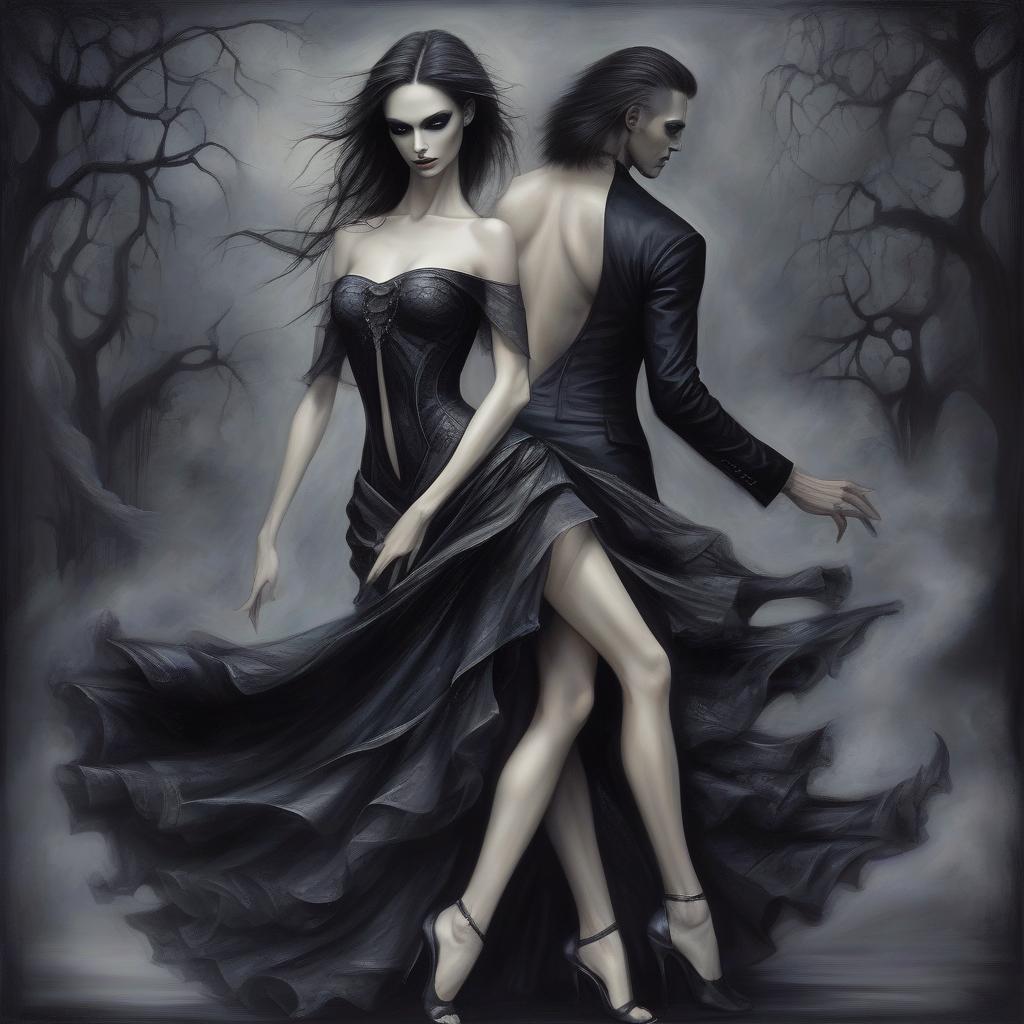  style tara donovan, eccentric, dark fantasy, a couple of irresistible beauty dancing rumba, stile dark fantasy v3, bare shoulders, painted in gloomy gothic art"