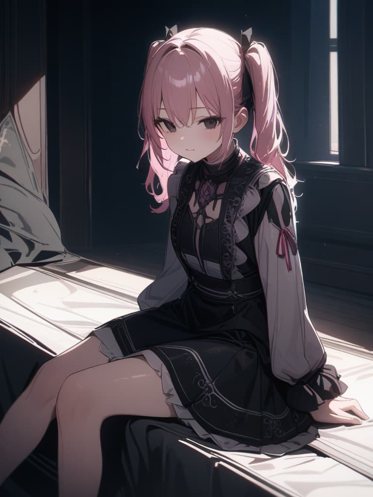  s, sick face, large s, small patterns, black, black eyes, dark rooms, lights in the windows, fantastic appearance, twin tails, pink hair, sitting , the whole body, gothic lolori clothes, masterpiece, best quality,8k,ultra detailed,high resolution,an extremely delicate and beautiful,hyper detail