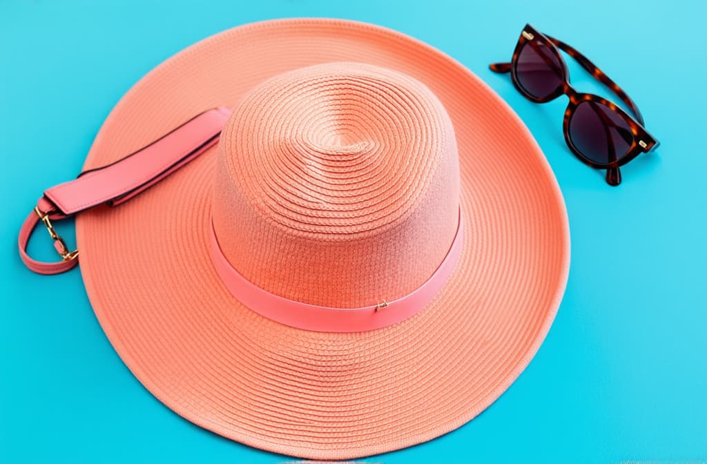  stylish hat, bag and sunglasses on color background, peach colors, top view, flatlay ar 3:2 {prompt}, maximum details