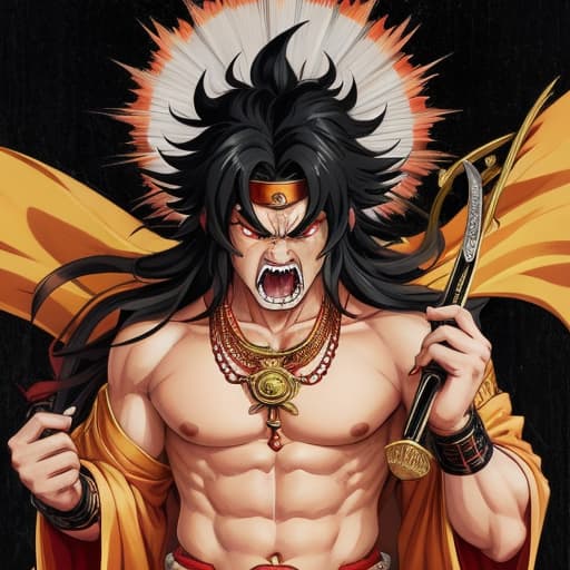  Fudo Myoo wears a vestment with his chest bare and his lower body covered with a vestment. He has long hair with a permed head, a long, long sword in his right hand, a five-colored cord in his left hand, and fangs protruding from his mouth with an angry expression on his face. He looks cool. Male Retro