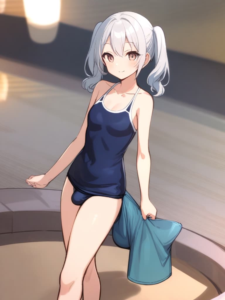  women's elementary students (male), twin tails, cute smiles, (rich s), low stature, dark blue swimwear, old swimwear, , simple (upward), male , (bulge), shaped clear , front , whole body, pool side,