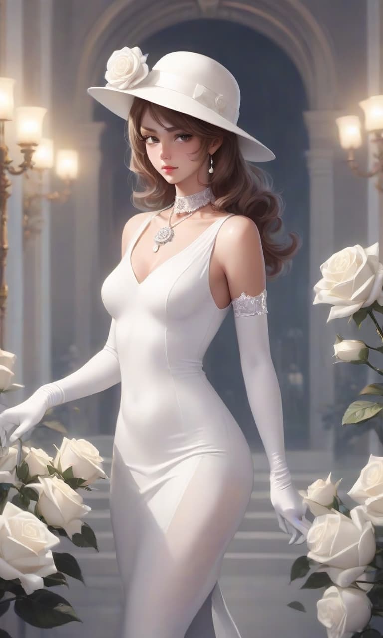  the girl is beautiful in a white tight dress, white tights, white gloves, a white necklace, a white hat with a white rose. elegant aristocrat