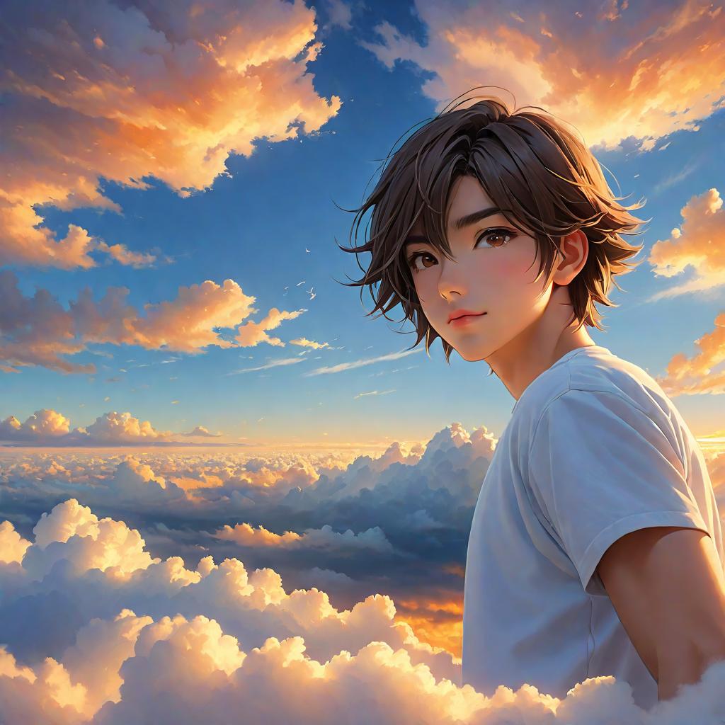  anime art very beautiful,mexican male. brown sunken round eyes. short dark brown shaggy straight hair. round face shape. narrow lips. lip piercing. top surgery scars. snub nose. medium flat eyebrows. flat cheeks. numerous scars on arms and legs. lanky figure. scrawny. long legs and arms. healed burn scars on both thighs and right forearm. with sky landscape, clouds, fluffy clouds, sky background, heavenly sitting on clouds sunset golden hour, award winning, professional, highly detailed, masterpiece