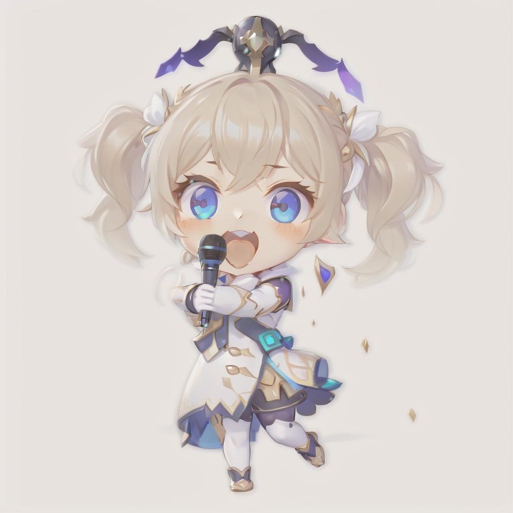  role playing game (rpg) style fantasy anime chibi cute girl barbara from genshin impact with microphone in hand . detailed, vibrant, immersive, reminiscent of high fantasy rpg games, perfect hands