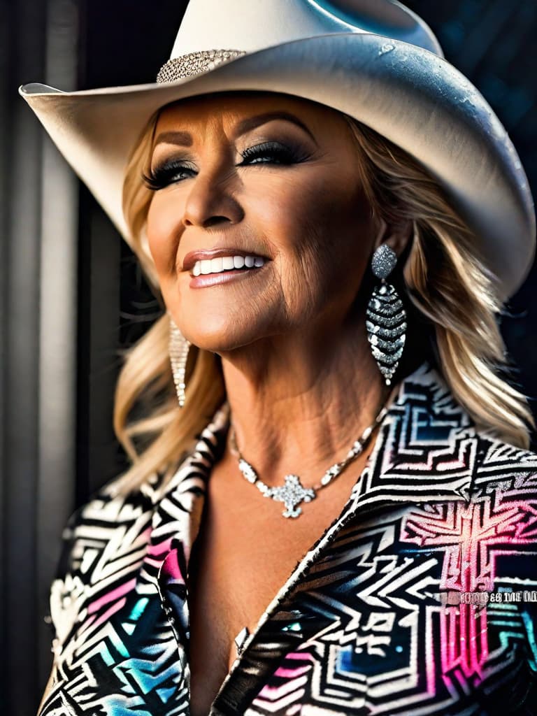  The country singer Tanya Tucker, medium shot, upper body, spotlight, long exposure lighting, street art style spray paint, glamour lighting