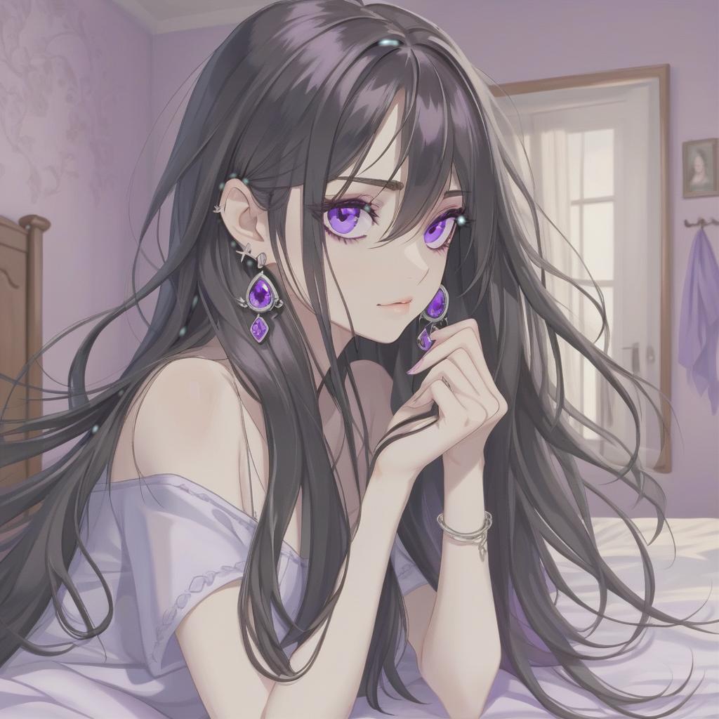   20 year, dark long hair, purple eyes, , small silver earrings, bedroom