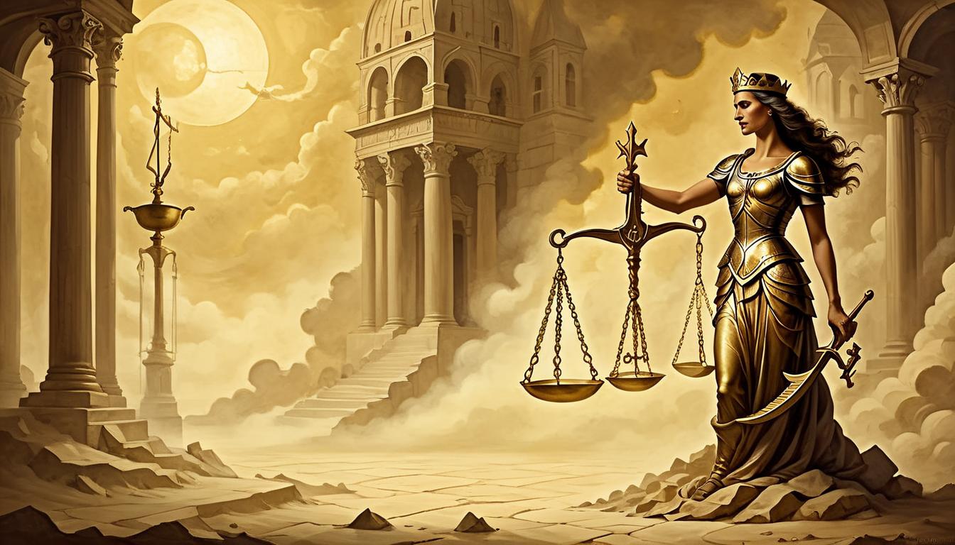  on parchment, surrealism+++, golden scales of justice, one side heavily weighed down, light and shadow interplay, glowing faintly, balance, divine judgement, seriousness(mysterious, provocative, symbolic,muted color)+++