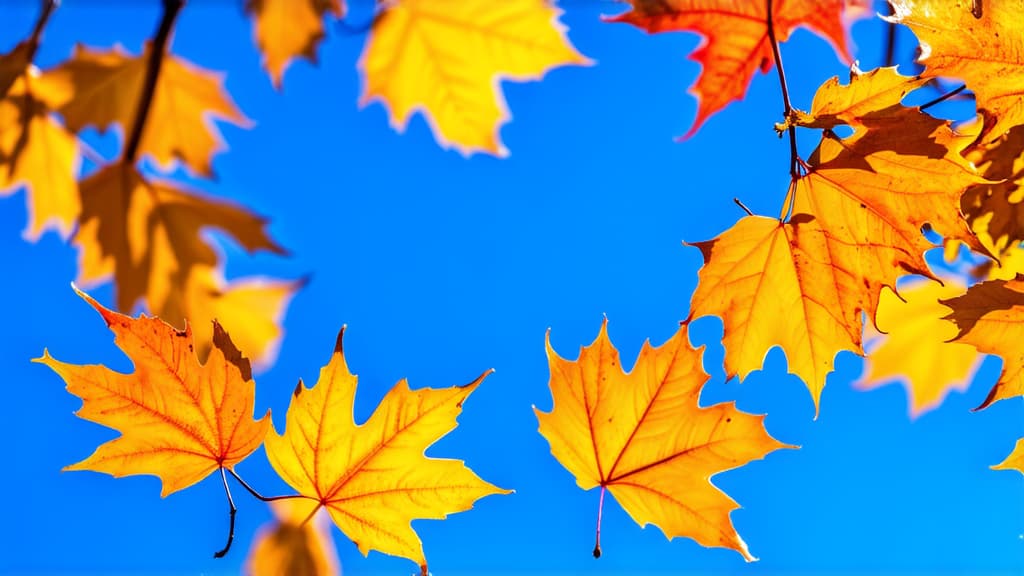  professional detailed photography, golden maple leaves on blue background ar 16:9, (muted colors, dim colors, soothing tones), (vsco:0.3)