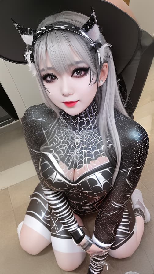  Black and silver Spider-patterned body paint in every corner of the whole body, full-body, White body paint,Silver face paint on the face,Two succubuses 女の子