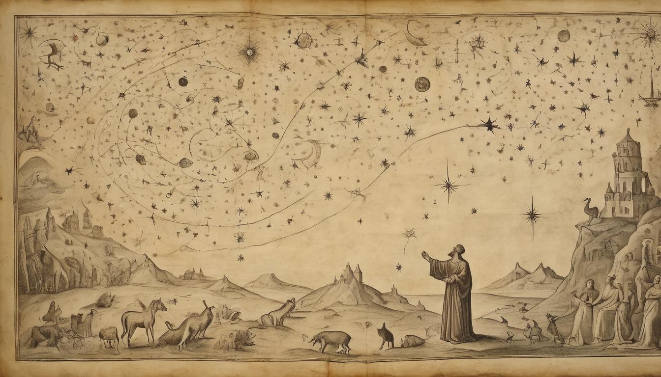  on parchment, surrealism++, starry heavens open, divine light shining on a humble figure, varied constellations, reverent, illuminating(mysterious, provocative, symbolic)++