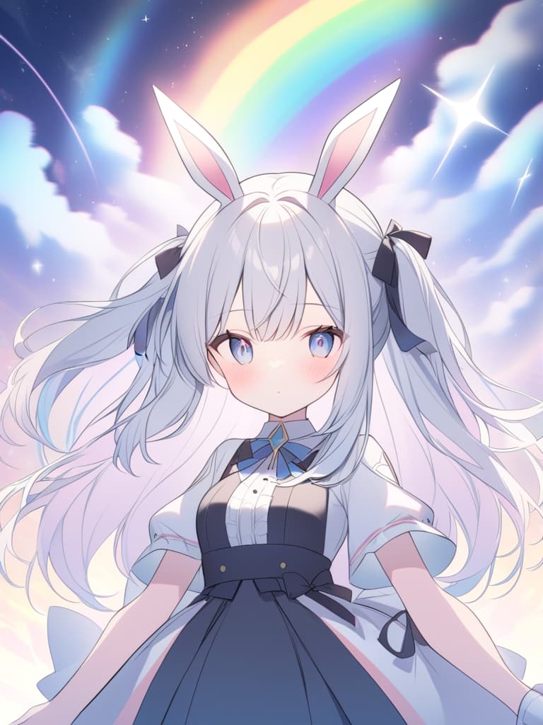  "characters with long hair tied with rabbits and ribbons, surrounded by magical rainbows and shine, and the background of bright and shining background."