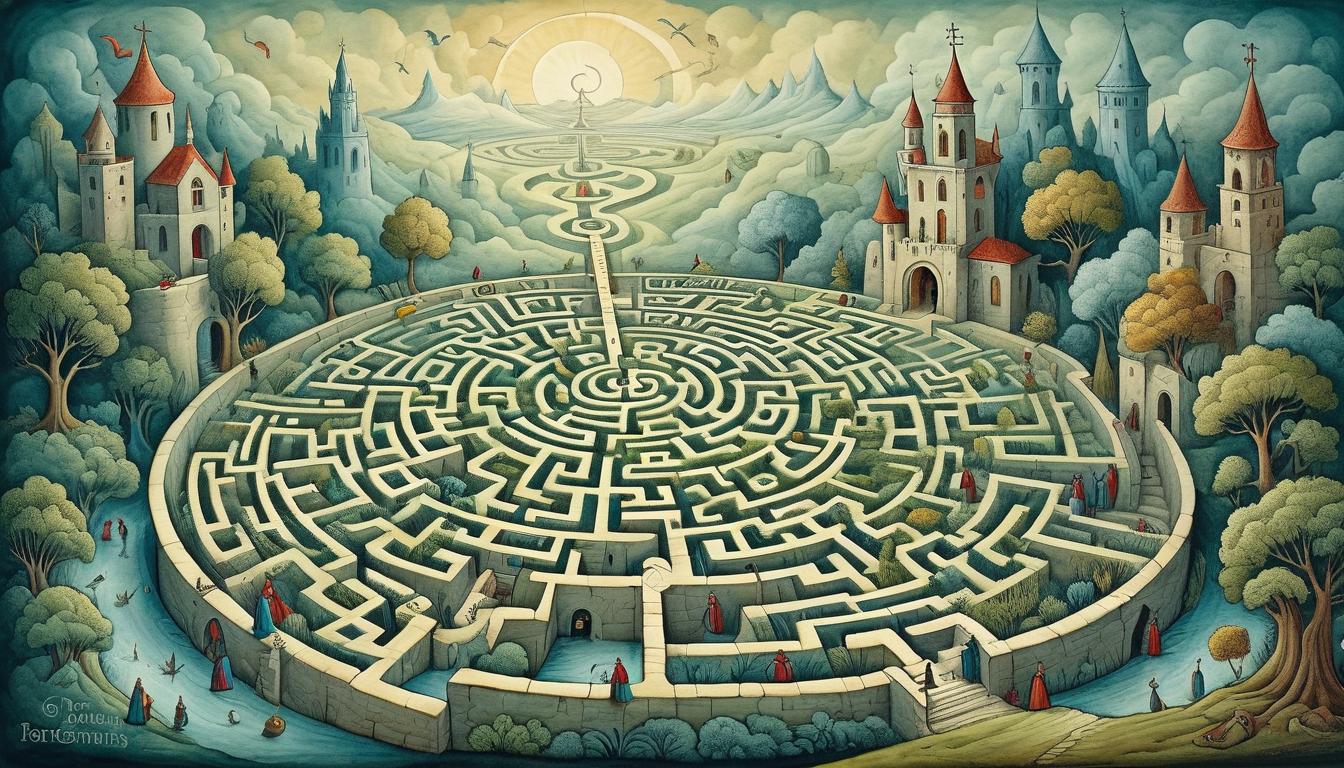  on parchment, surrealism+++, group navigating an intricate, mystical maze, helping each other through, collaboration, spiritual clarity, mutual support(mysterious, provocative, symbolic,muted color)+++