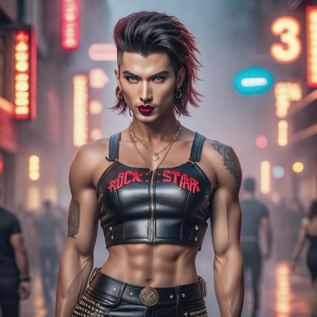  male rock star wearing a crop top and has lipstick all over his navel, ((realistic)) hyperrealistic, full body, detailed clothing, highly detailed, cinematic lighting, stunningly beautiful, intricate, sharp focus, f/1. 8, 85mm, (centered image composition), (professionally color graded), ((bright soft diffused light)), volumetric fog, trending on instagram, trending on tumblr, HDR 4K, 8K