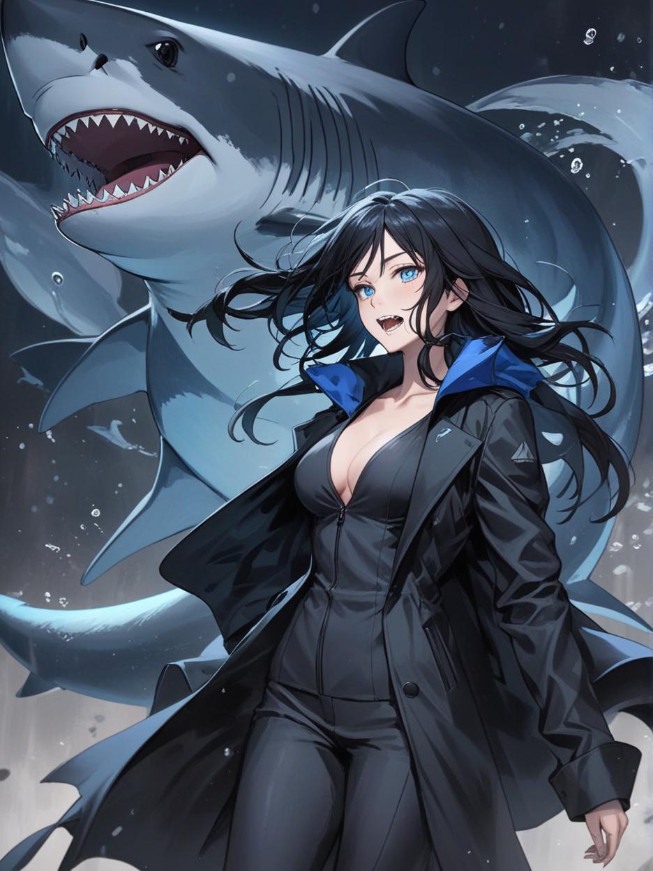  manga artwork a woman with large sharp teeth. shark teeth. light blue eyes. it has long black hair that flows freely, giving it a mysterious and imposing air. he wears a long black coat with wavy edges, which appear to be in constant motion, adding a sense of dynamism to his appearance. the coat is open at the front, revealing a fitted black outfit underneath, which highlights her slender and athletic figure. her pose is confident and slightly dynamic, with one hand extended outwards, as if reaching for something or making a meaningful gesture. the background is a solid black, with an aura like circle framing the character's head, enhancing his silhouette and giving him an almost otherworldly look. hyper realistic atmospheres, detail, 8k. m