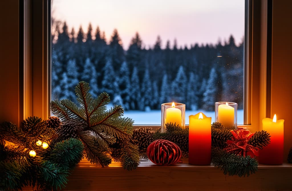  professional detailed photography, christmas decorations and candles lie on the windowsill with a view of the morning winter forest outside the window at dawn. magical atmosphere ar 3:2, (muted colors, dim colors, soothing tones), (vsco:0.3)