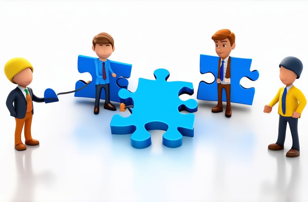  people connecting puzzle pieces. 3d illustration. cartoon characters. business teamwork concept on white background ar 3:2 {prompt}, maximum details