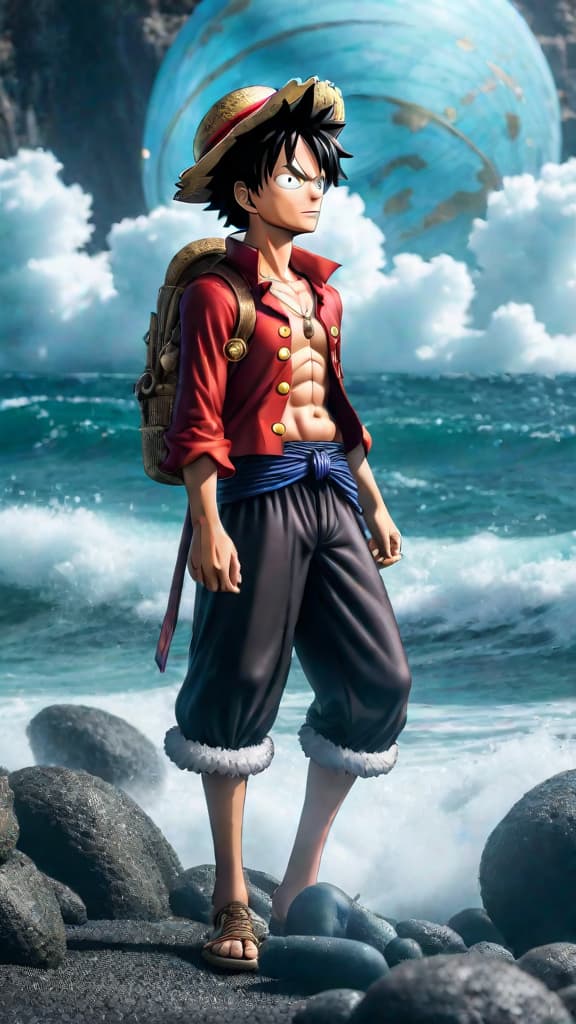  protagonist monkey d. luffy contemplates the mysterious power of uranus in the world of one piece. hyperrealistic, full body, detailed clothing, highly detailed, cinematic lighting, stunningly beautiful, intricate, sharp focus, f/1. 8, 85mm, (centered image composition), (professionally color graded), ((bright soft diffused light)), volumetric fog, trending on instagram, trending on tumblr, HDR 4K, 8K