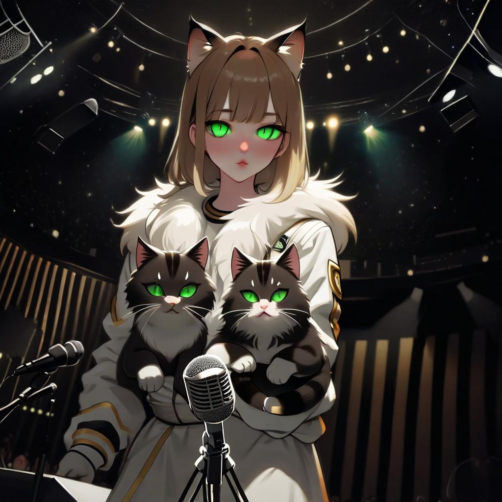  girl with dark green eyes, two furry striped cats, space, spotlights, view from the stage, microphone, music, royal grace