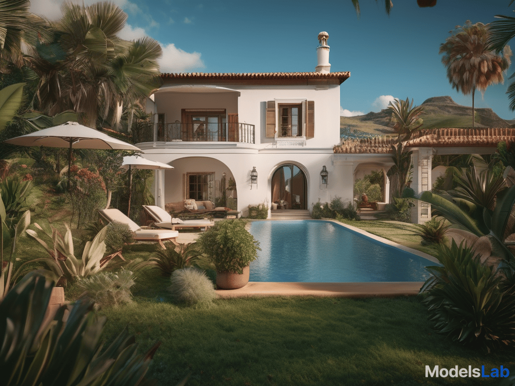  beautiful spanish villa with terrace, cozy pool, tropical garden and lawn hyperrealistic, full body, detailed clothing, highly detailed, cinematic lighting, stunningly beautiful, intricate, sharp focus, f/1. 8, 85mm, (centered image composition), (professionally color graded), ((bright soft diffused light)), volumetric fog, trending on instagram, trending on tumblr, HDR 4K, 8K