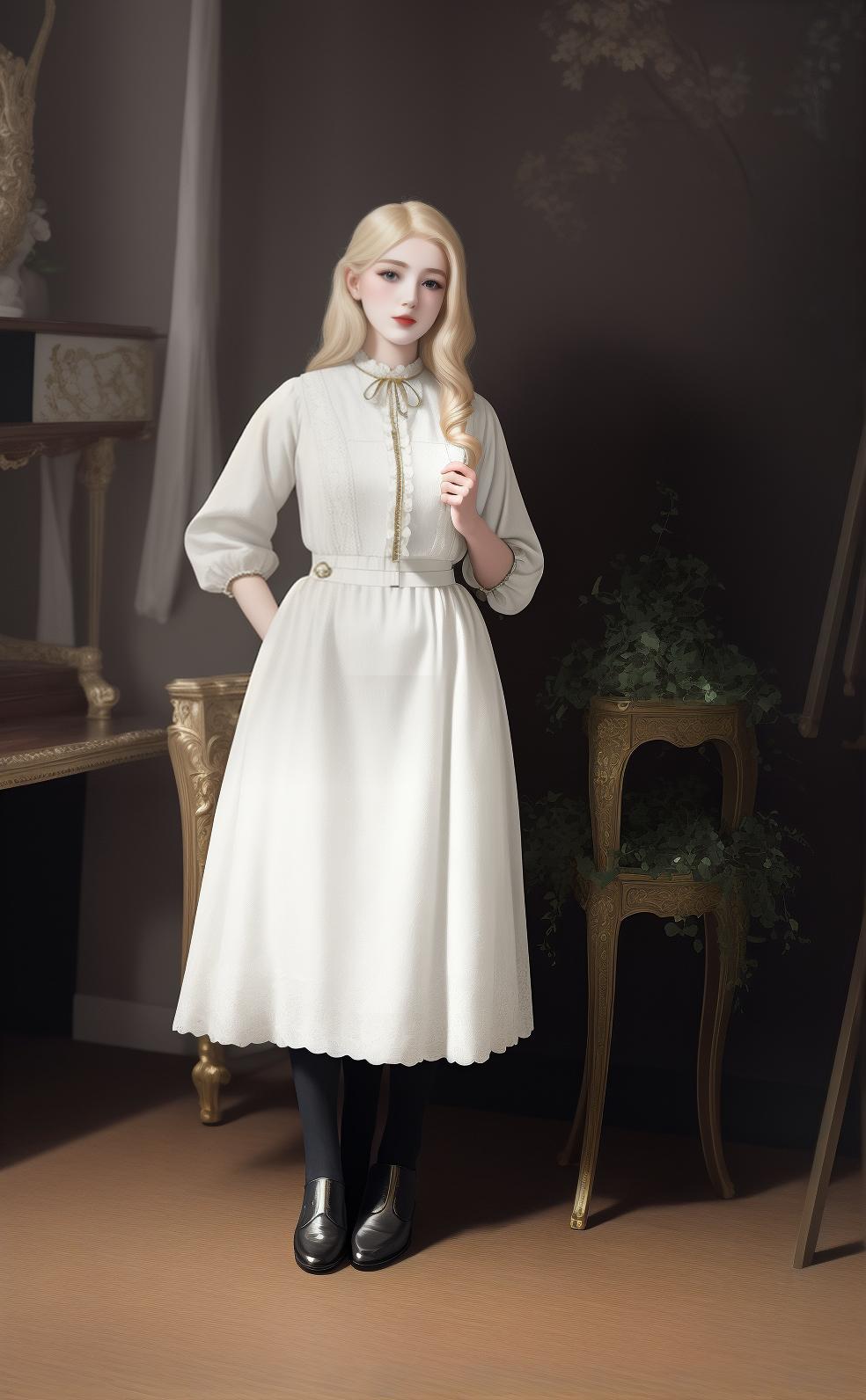  masterpiece, best quality, (masterpiece, best quality, high quality, highres, ultra detailed), realistic,1 a 25y.o woman with blond hair and white dress from the 1920's, studio lightning.