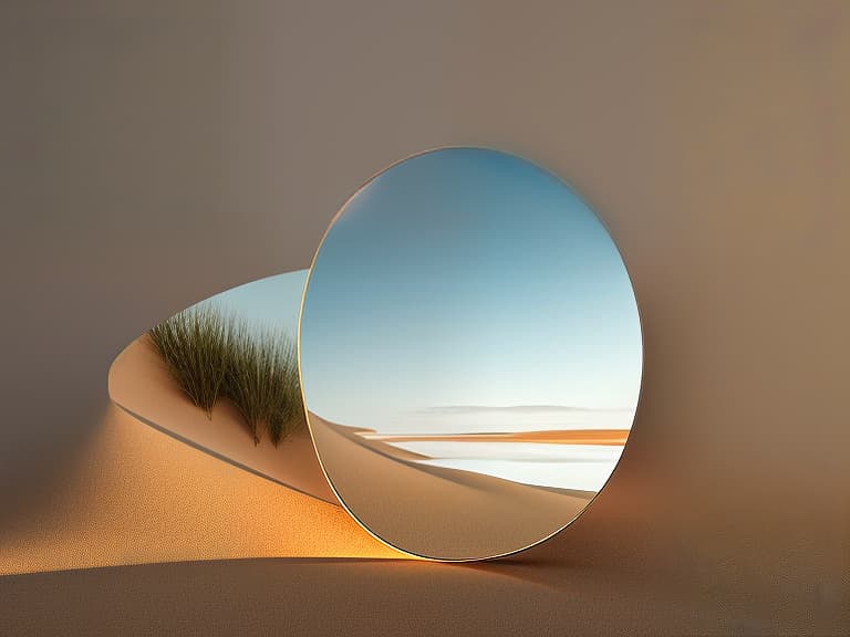 dvarchmodern minimalist composition of an arch shaped mirror reflecting the horizon, set against undulating sand dunes with subtle water reflections, rendered in white and khaki hues, capturing serene solitude hyperrealistic, full body, detailed clothing, highly detailed, cinematic lighting, stunningly beautiful, intricate, sharp focus, f/1. 8, 85mm, (centered image composition), (professionally color graded), ((bright soft diffused light)), volumetric fog, trending on instagram, trending on tumblr, HDR 4K, 8K