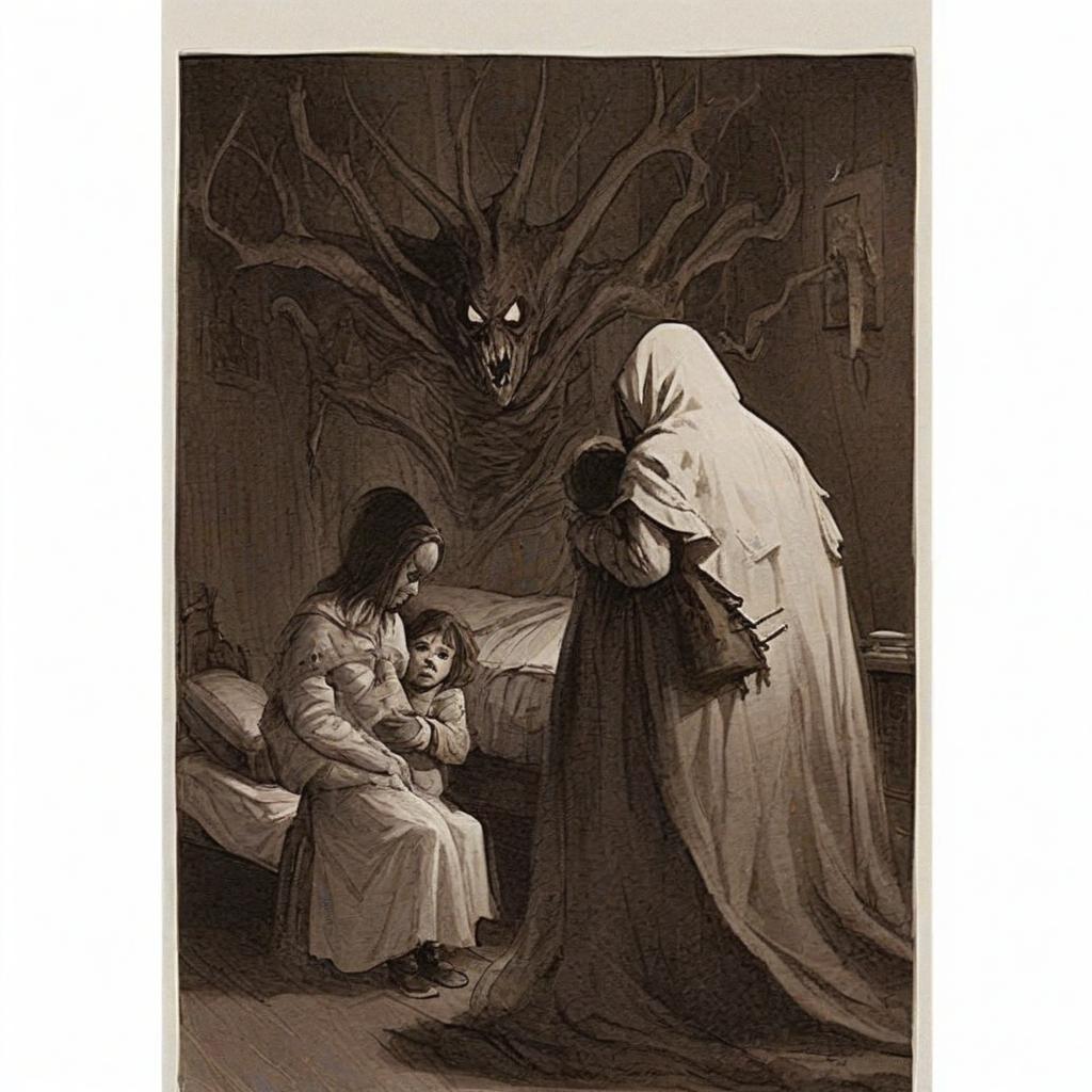  horror themed a visit to the beech, the bedroom, the mother hugs two young children, a terrible creature in a cloak reaches for them, . eerie, unsettling, dark, spooky, suspenseful, grim, highly detailed