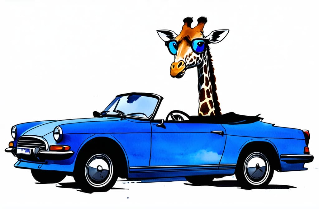  artwork giraffe in blue glasses drives blue convertible in cape town ar 3:2, watercolor techniques, featuring fluid colors, subtle gradients, transparency associated with watercolor art