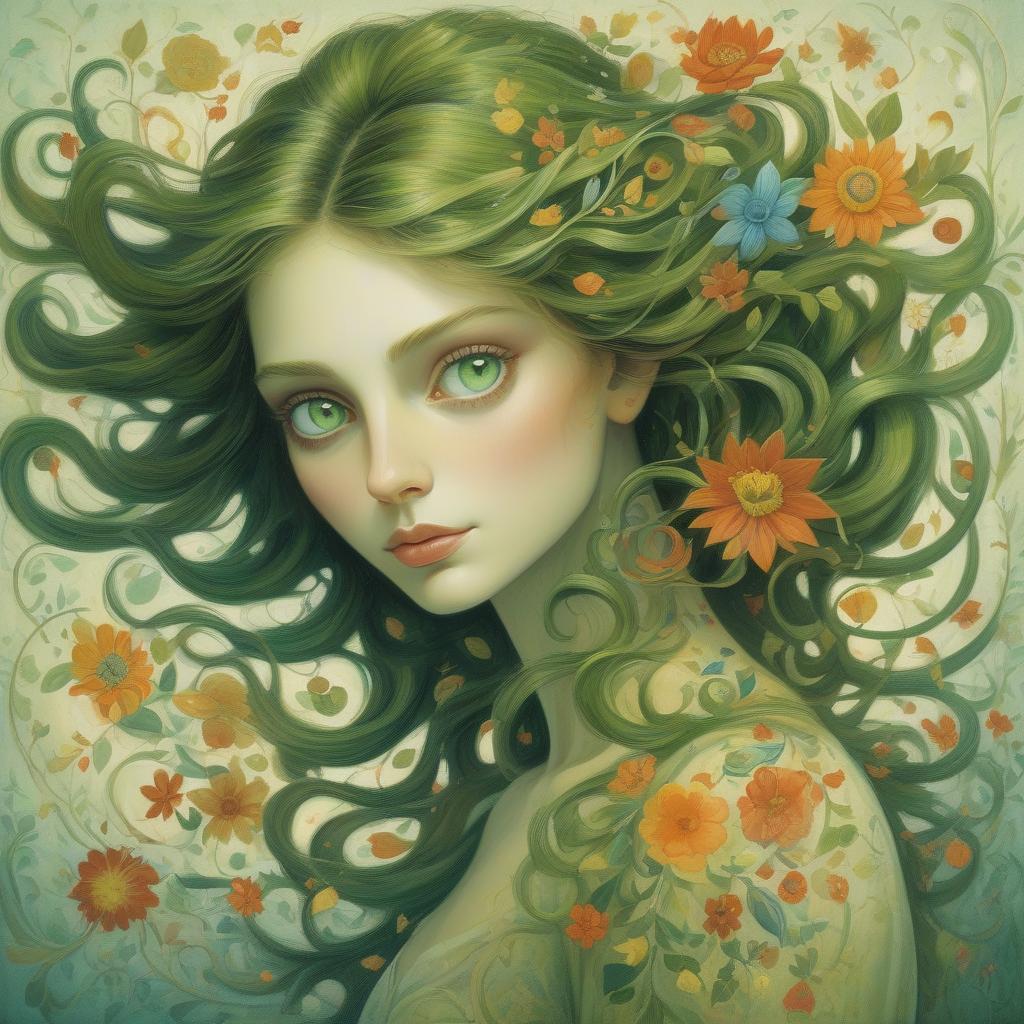  a colorful artistic portrayal of a woman with vibrant, swirling hair and captivating green eyes, infused with floral elements. vibrant portrait of a beautiful woman, expressive eyes, flowing hair, intricate details, soft and elegant features, ethereal aura, whimsical elements, rich color palette, watercolor, colored ink, oil pastels, textured strokes, dreamlike quality, by gabriel pacheco, michael sowa, bernard kliban, high resolution, intricate patterns, captivating gaze, fantasy inspired, magical ambiance, surreal lighting,