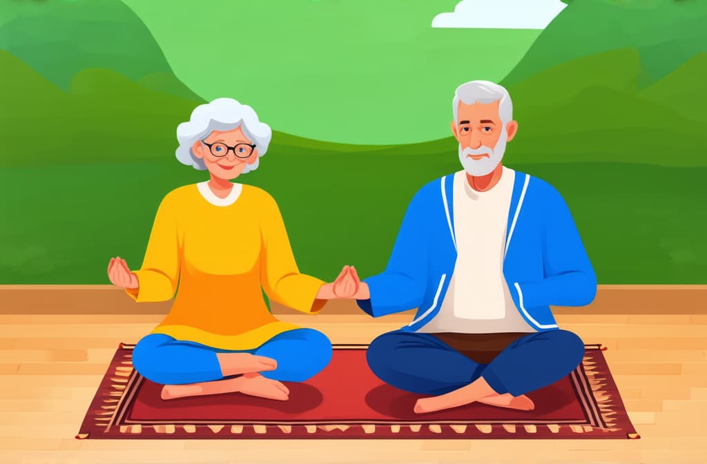  cute old lady and man sitting on the rug and meditating. style flat illustration ar 3:2 {prompt}, maximum details