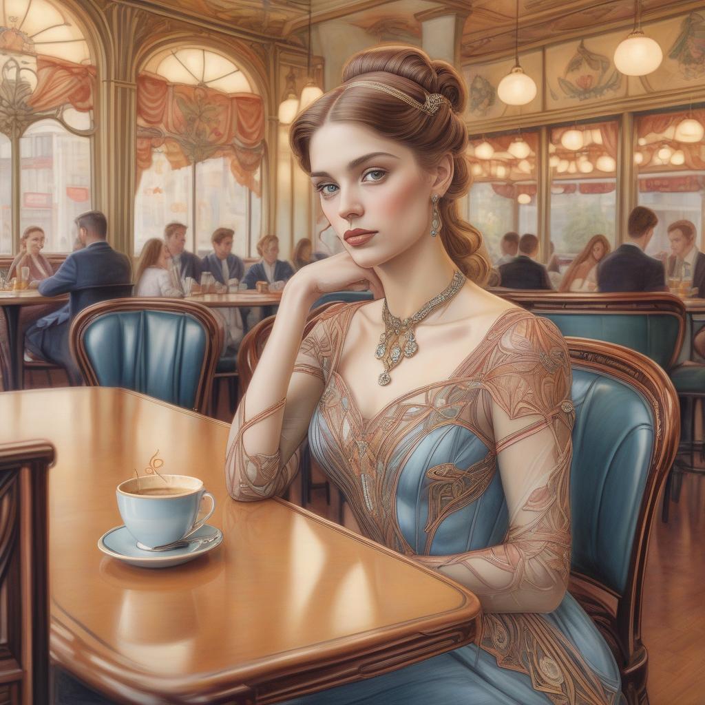  hyperrealistic art a decorative woman awaits her suitor in an art nouveau cafe setting.. colored pencil draw: art nouveau female portrait.. . extremely high resolution details, photographic, realism pushed to extreme, fine texture, incredibly lifelike