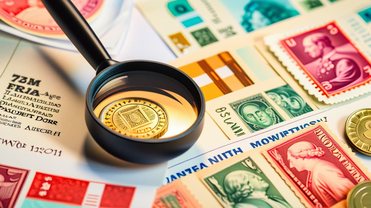  a close up of a vintage stamp album open to colorful, rare stamps, with a magnifying glass resting on a prized stamp, surrounded by coins, a calculator, and a stock market graph in soft focus. hyperrealistic, full body, detailed clothing, highly detailed, cinematic lighting, stunningly beautiful, intricate, sharp focus, f/1. 8, 85mm, (centered image composition), (professionally color graded), ((bright soft diffused light)), volumetric fog, trending on instagram, trending on tumblr, HDR 4K, 8K