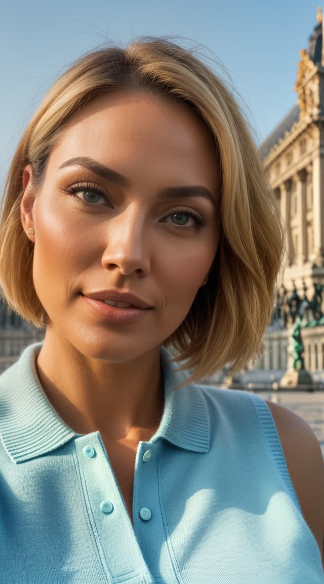  (((realistic full torso selfie))), (((light beige to medium tan skin tone woman))), bella maria winkler, ((caucasian heritage)), (short hair style), ((blonde hair color)), immature face, green eye color, ((athletic body type)), medium size, big size, (immature long narrow nose), (immature high cheekbones), (immature defined jawline), (immature broad forehead), (immature straight eyebrows), (immature pointed chin), standing with arms at sides curious look looking into the camera, ((wearing blue fitted polo with emblem and sweater vest)), paris louvre museum in background, 1, best quality, highest quality, award winning photo, masterpiece, raw, hyperrealistic, full body, detailed clothing, highly detailed, cinematic lighting, stunningly beautiful, intricate, sharp focus, f/1. 8, 85mm, (centered image composition), (professionally color graded), ((bright soft diffused light)), volumetric fog, trending on instagram, trending on tumblr, HDR 4K, 8K