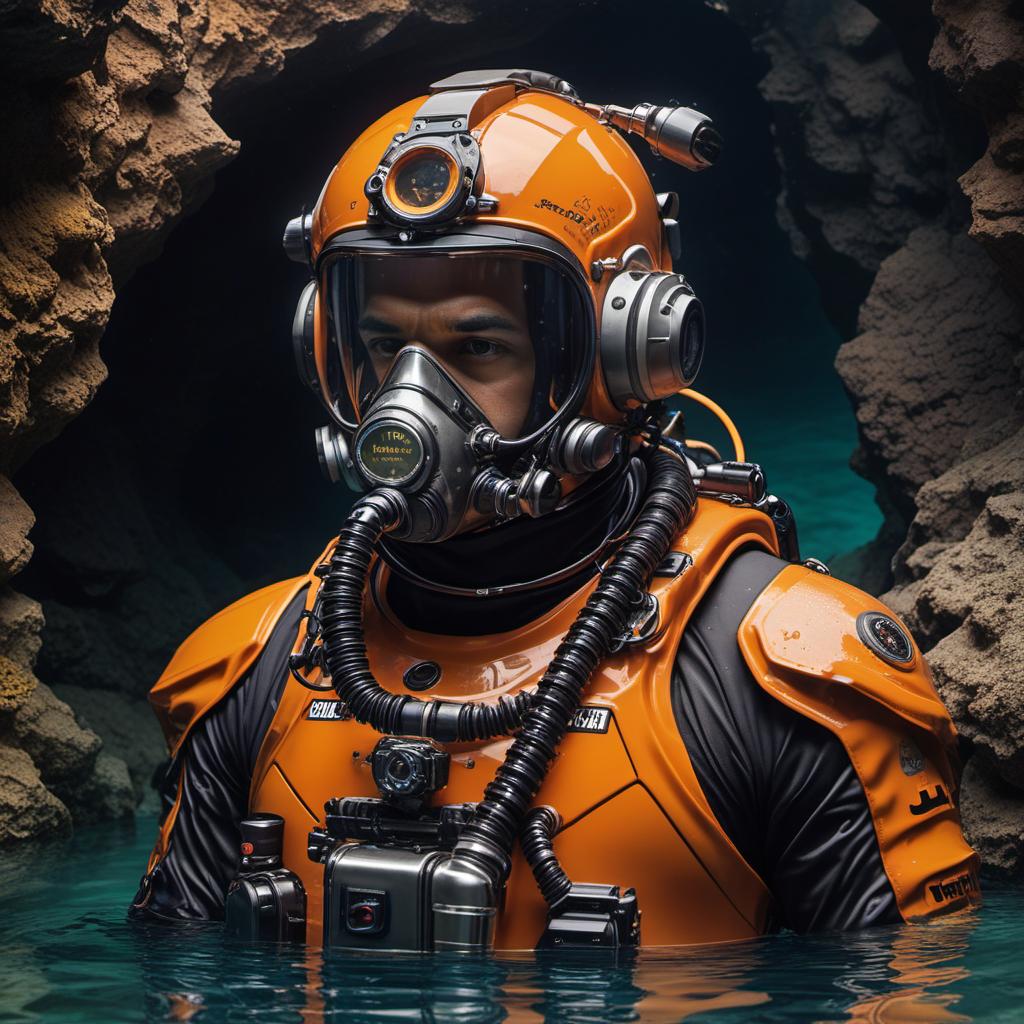  jb name, male, rebreather diver, thick loops, helmet in orange, cave diver, underwater, face view diver, fresh water, shoulder view, jb, cyberpunk style