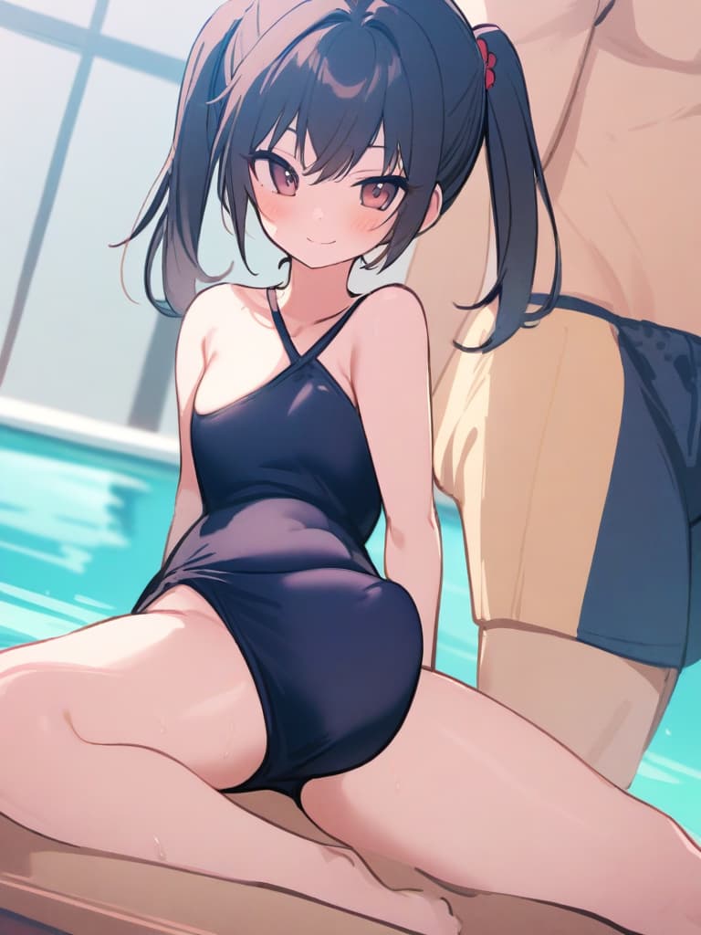  women's elementary students (with male), twin tails, cute smiles, rich s, short stature, dark blue swimwear, old swimwear, swimwear, simple, (swelling), upward, (bulge), front, whole body, pool side,