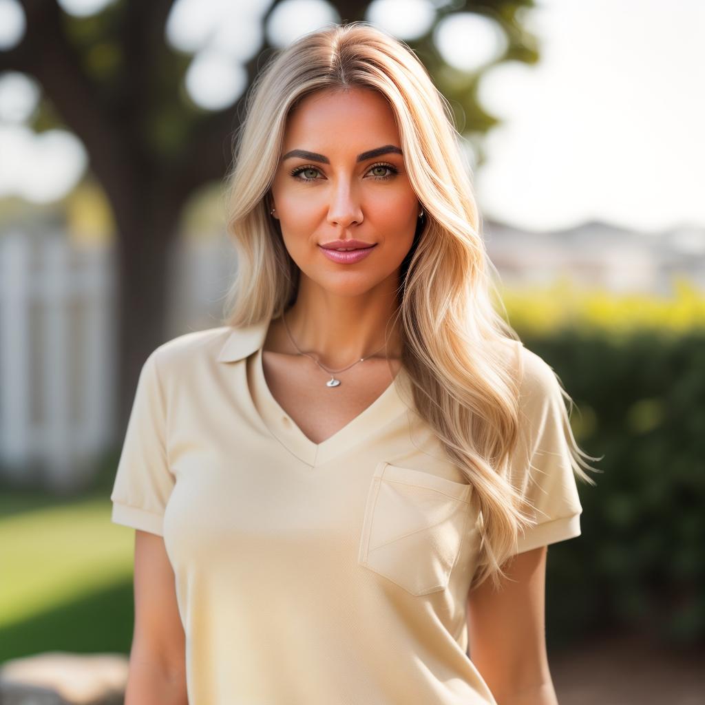  (((realistic full torso frontal head shot of a light beige to medium tan skin tone woman))), alice elena lange, ((caucasian heritage)), immature face, hazel eye color, ((ids hair style)), ((blonde hair color)), (( body type)), flat size, small size, (immature straight slender nose), (immature angular jawline), (immature medium lips), (immature prominent forehead), (immature perfect symmetry), (immature thin eyebrows), (immature pointed chin), standing straight looking directly into the camera,((wearing fitted polo shirt with deep v neck and monogrammed pocket)), backyard in background, 1, best quality, highest quality, award winning photo, masterpiece, raw, professional photography, photorealism, sharp focus, c hyperrealistic, full body, detailed clothing, highly detailed, cinematic lighting, stunningly beautiful, intricate, sharp focus, f/1. 8, 85mm, (centered image composition), (professionally color graded), ((bright soft diffused light)), volumetric fog, trending on instagram, trending on tumblr, HDR 4K, 8K