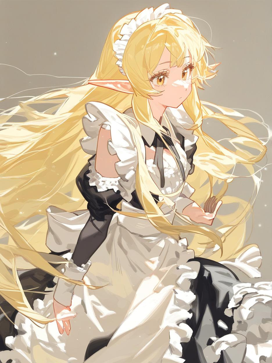  elf anime blonde hair long hair tall lady maid own self . best quality, high resolution