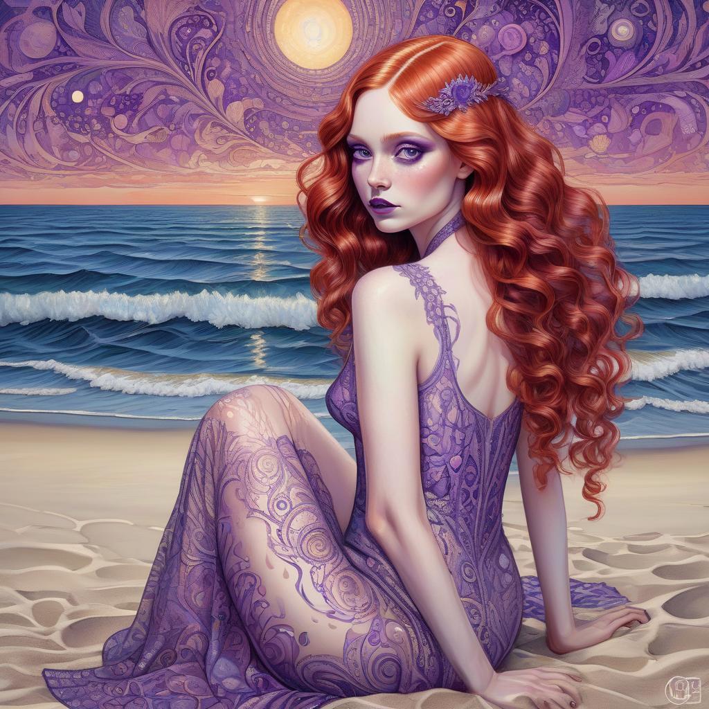  laurel birch midnight amethyst, indigo , purple psychedelic colorful illustration, art deco illustration, a beautiful woman, long red hair, enormous, expressive violet eyes, pale skin, feminine body, a beige lace dress, on a white sand beach, zentangle, filigree, molten gold, prismatic pearlescent, opalescent, luminescent, pearlescent, masterpiece, museum quality deepdream s 400 ar 4:5", mysterious