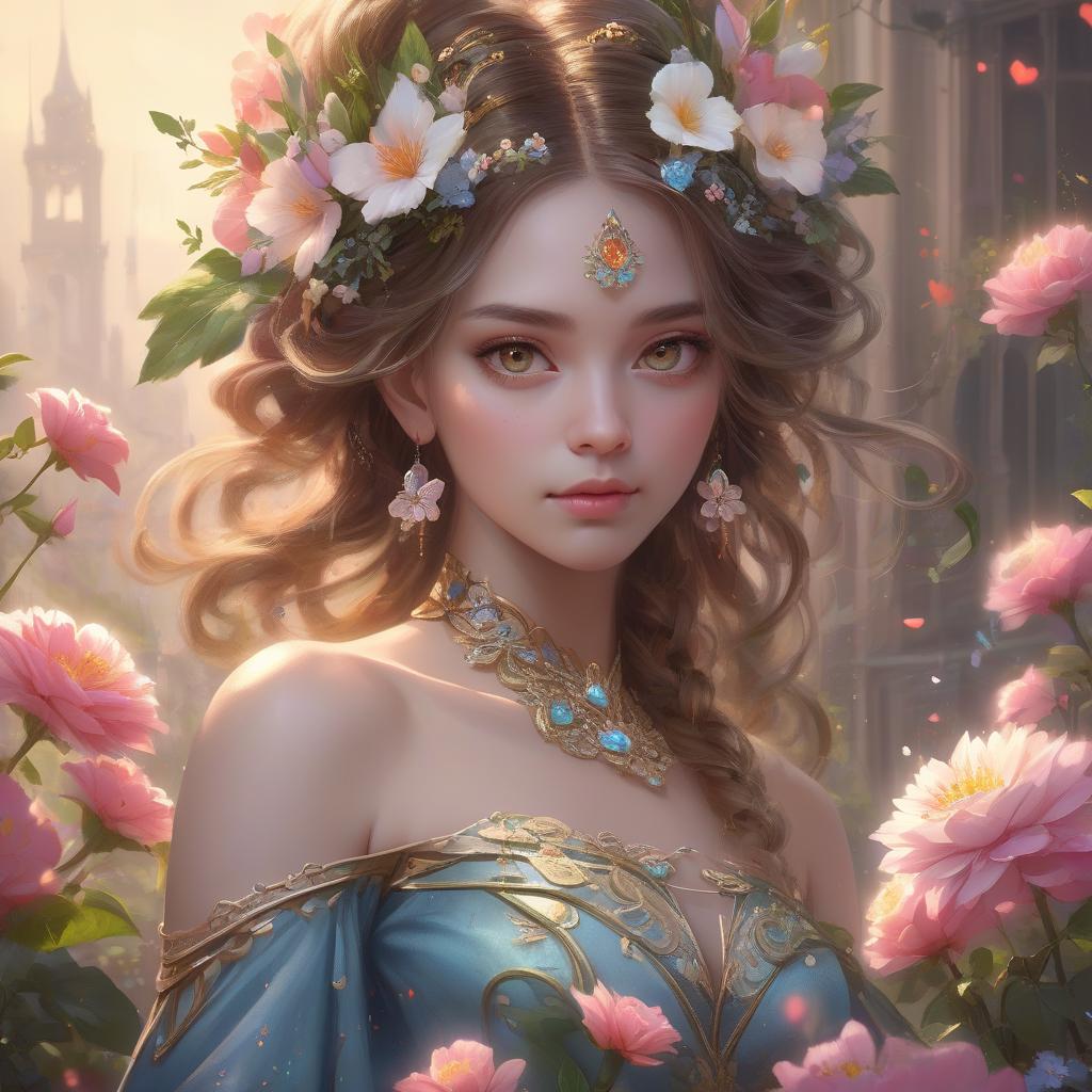  concept art q, 7, ♥, e, there is a woman with flowers in her hair and a dress, beautiful gorgeous digital art, beautiful fantasy art portrait, beautiful digital art, beautiful digital artwork, very beautiful digital art, beautiful fantasy portrait, beautiful feminine face, beautiful art uhd 8 k, gorgeous digital art, beautiful digital painting, beautiful fantasy maiden, karol bak uhd, beautiful art, beautiful painting, by ank . digital artwork, illustrative, painterly, matte painting, highly detailed