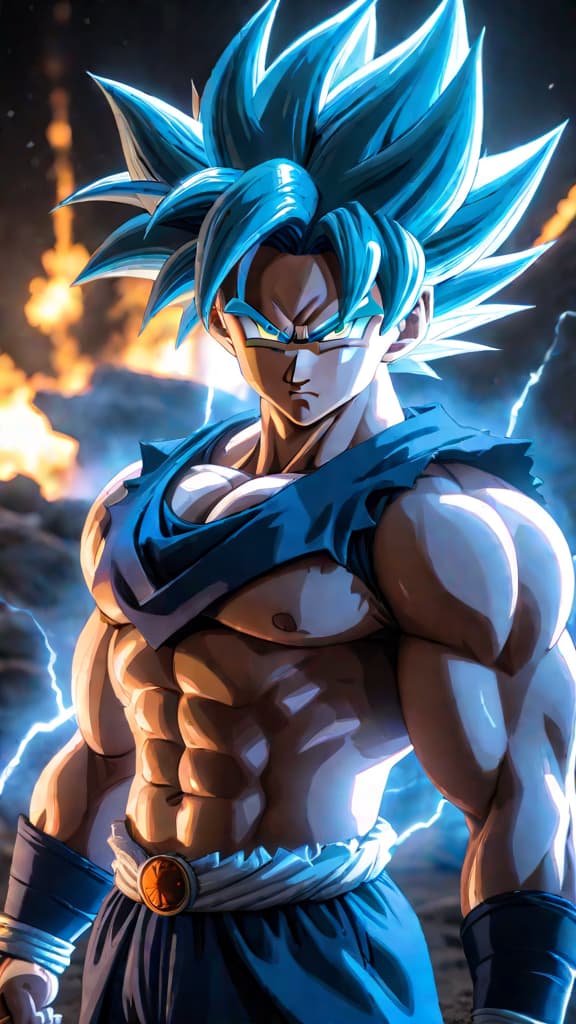  an anime image depicting the speculated 'super saiyan infinity' form merging ultra instinct with super saiyan blue in dragon ball. hyperrealistic, full body, detailed clothing, highly detailed, cinematic lighting, stunningly beautiful, intricate, sharp focus, f/1. 8, 85mm, (centered image composition), (professionally color graded), ((bright soft diffused light)), volumetric fog, trending on instagram, trending on tumblr, HDR 4K, 8K