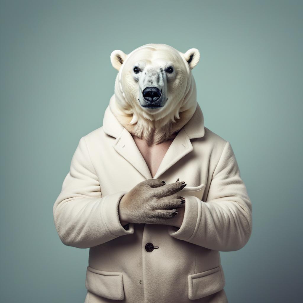  Polar Bear wearing human clothing. Solid color background, studio style. Portrait photo.